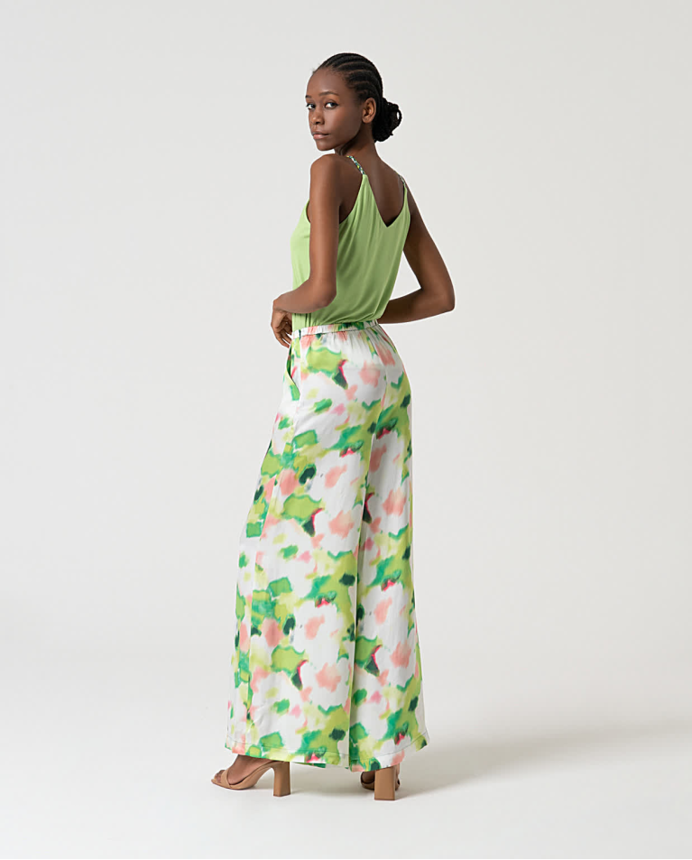 Surkana Pantalón Palazzo Satinado Estampado Verde