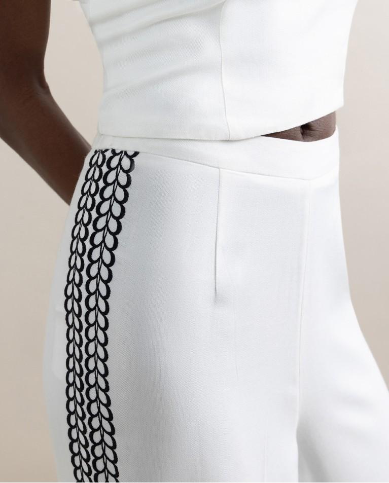 Surkana Pantalón Wide Leg Con Bordados Blanco