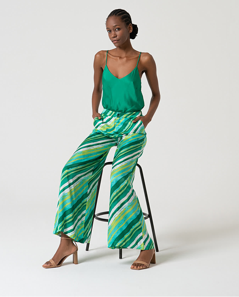 Surkana Pantalón Wide Leg Satinado Estampado Verde