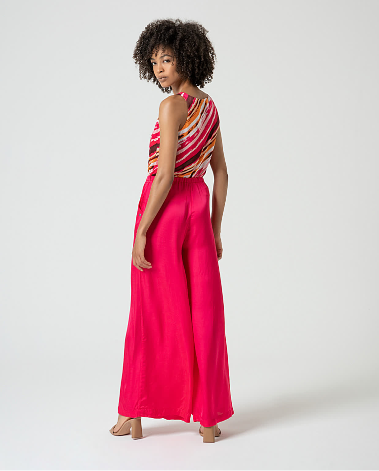 Surkana Pantalón Wide Leg Satinado Liso Fucsia