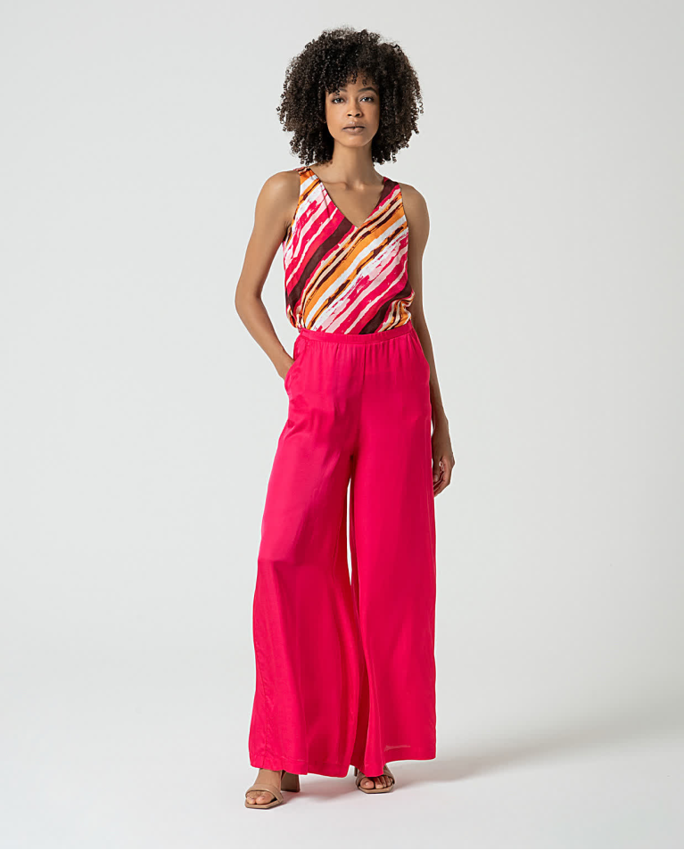 surkana Pantalón wide leg satinado liso Fucsia