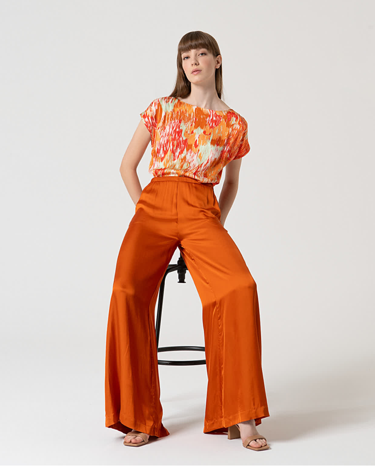 Surkana Pantalón Wide Leg Satinado Liso Teja