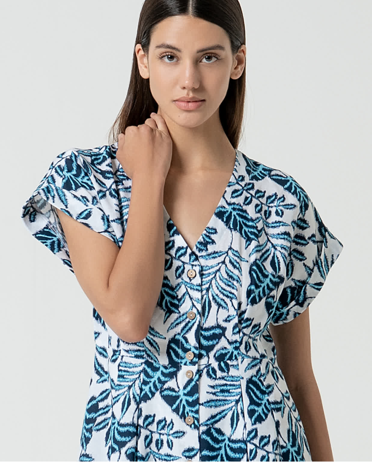 Surkana Vestido Camisero De Lino Estampado Azul