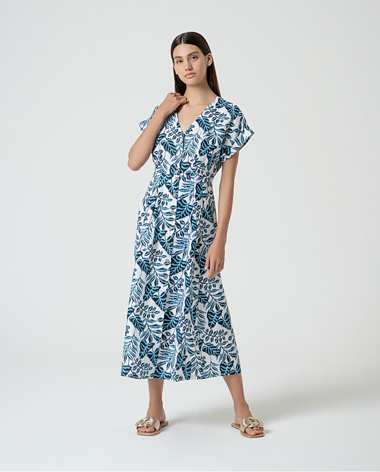 surkana Vestido camisero de lino estampado Azul