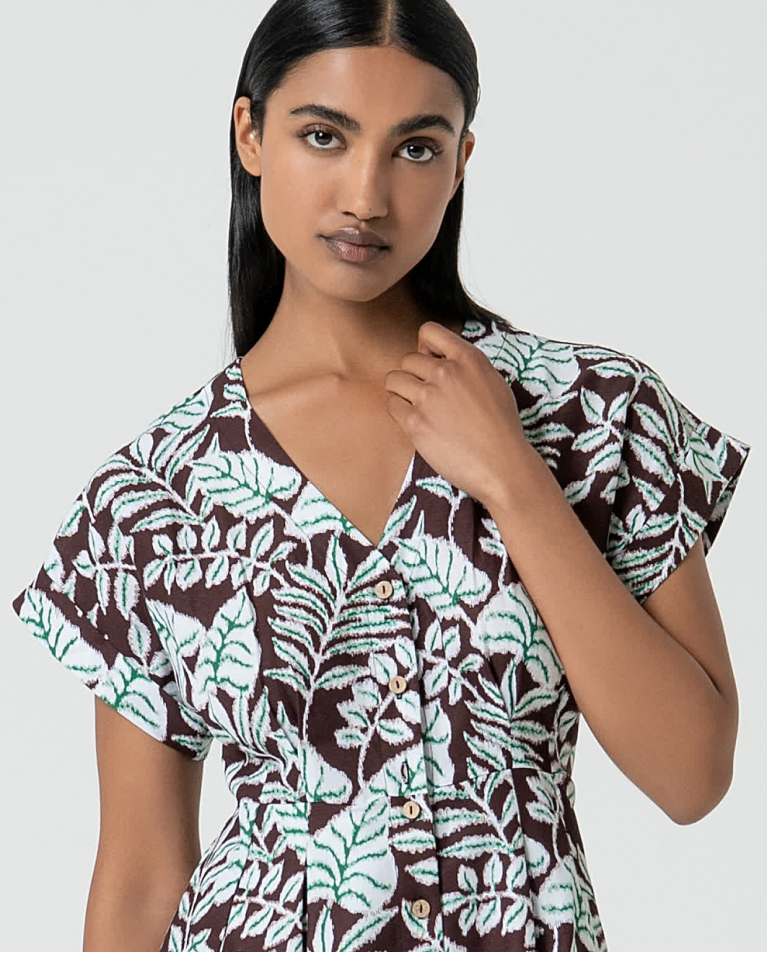 Surkana Vestido Camisero De Lino Estampado Marrón