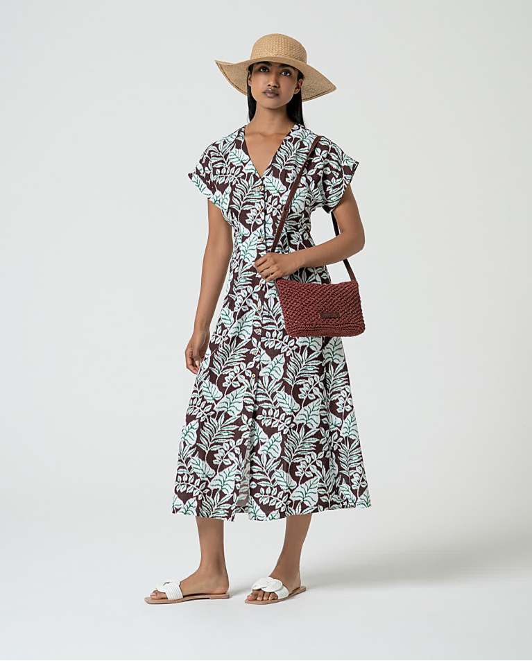 Surkana Vestido Camisero De Lino Estampado Marrón