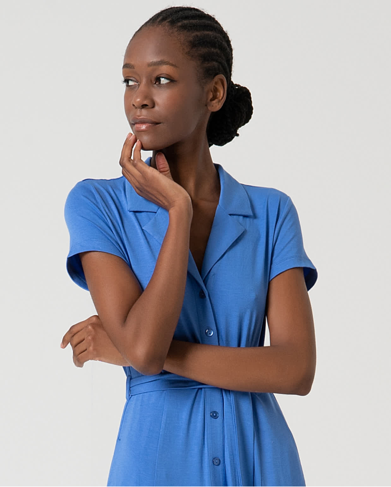 Surkana Vestido Camisero Elástico Liso Azul