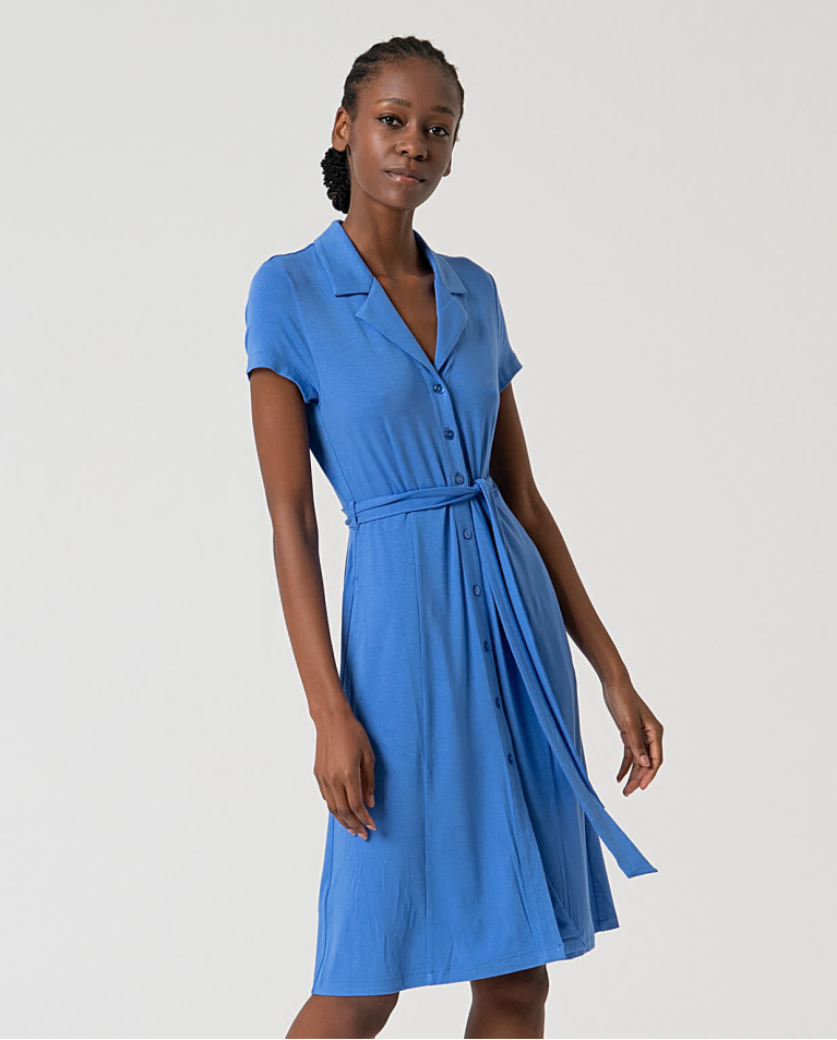 Surkana Vestido Camisero Elástico Liso Azul