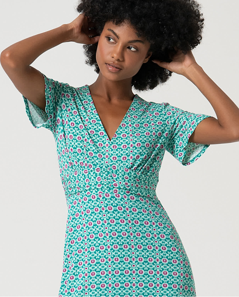 Surkana Vestido Corto Elástico Estampado Turquesa