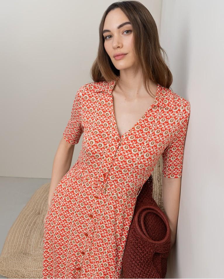 Surkana Vestido Elástico Camisero Estampado Rosa