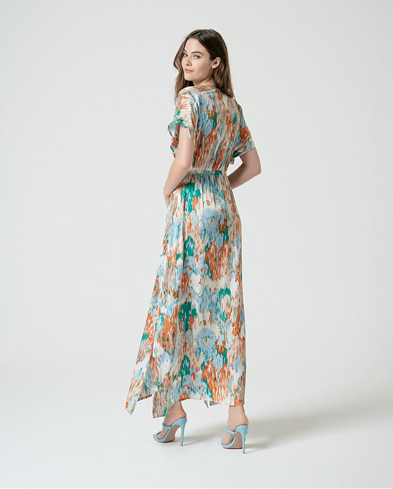 Surkana Vestido Largo Satinado Estampado Azul