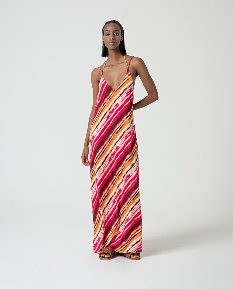 surkana Vestido largo satinado estampado Fucsia