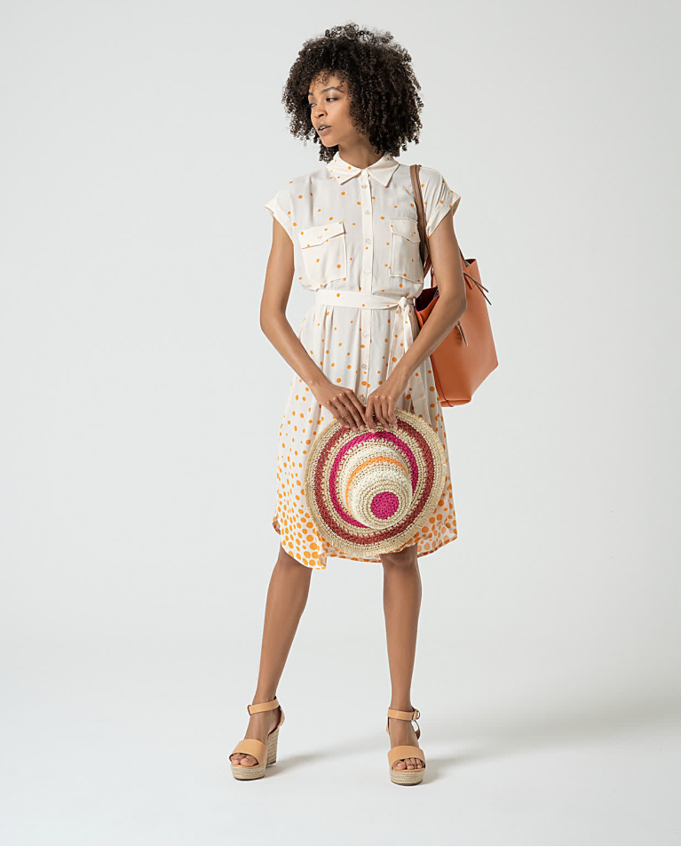 Surkana Vestido Camisero Corto Estampado Lunares Beige