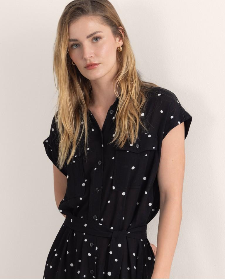 Surkana Vestido Camisero Corto Estampado Lunares Negro