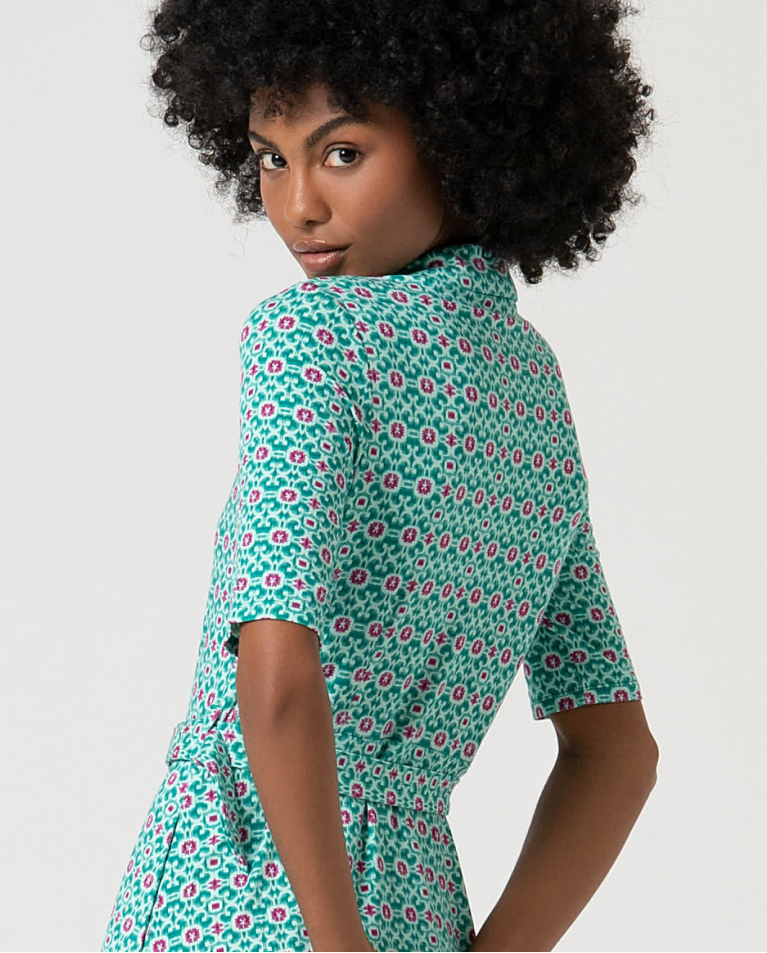 Surkana Vestido Elástico Camisero Estampado Turquesa