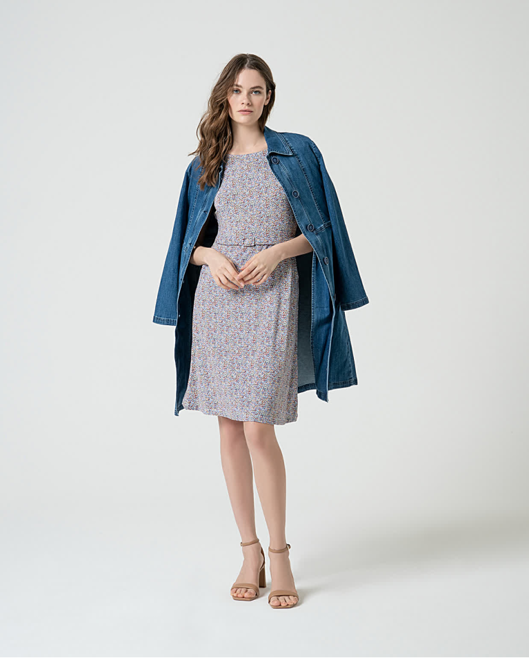 Surkana Vestido Elástico Con Cinturón Estampado Azul