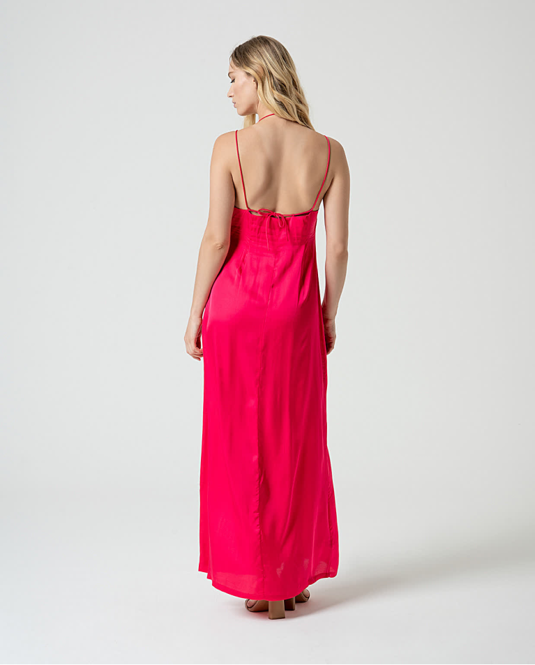 Surkana Vestido Largo Satinado Y Fluido Liso Fucsia