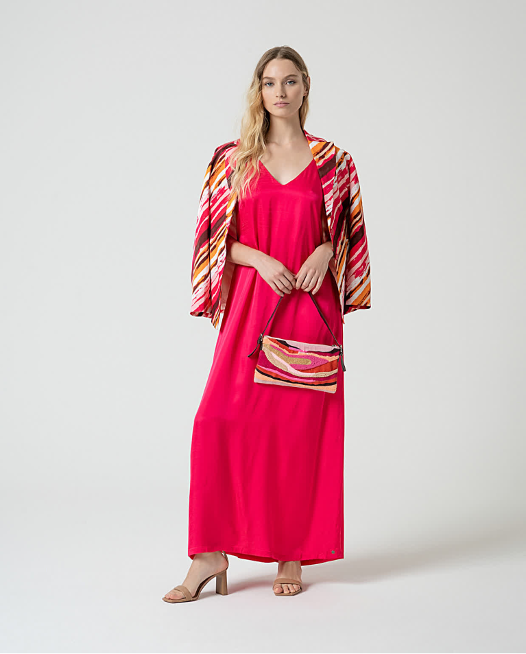 Surkana Vestido Largo Satinado Y Fluido Liso Fucsia