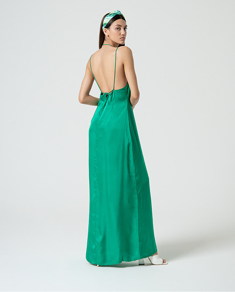 Surkana Vestido Largo Satinado Y Fluido Liso Verde Billiar
