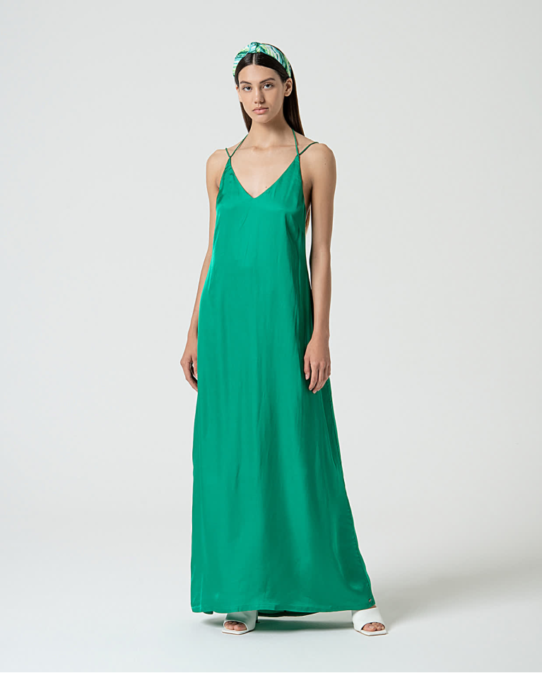 surkana Vestido largo satinado y fluido liso Verde Billiar
