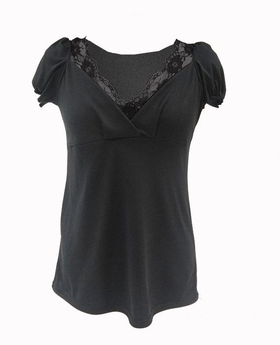 susana Escribano Camiseta Manga Corta Negra Con Escote Y Puntilla