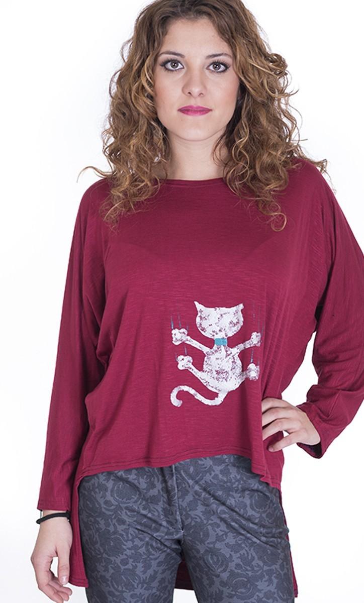 Susana Escribano Camisetas De Mujer Basica Granate. Gato