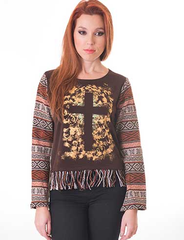 Susana Escribano Jersey Marron Tallas Grandes. Dibujo Crucifijo