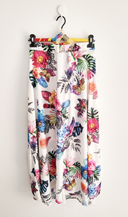 susana escribano Patron falda midi evase + tejido estampado verano