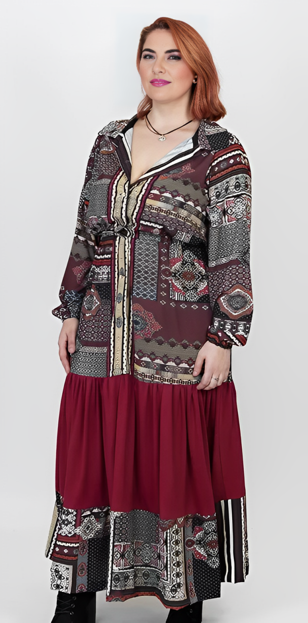 susana escribano Vestido camisero largo. Tonos rojos