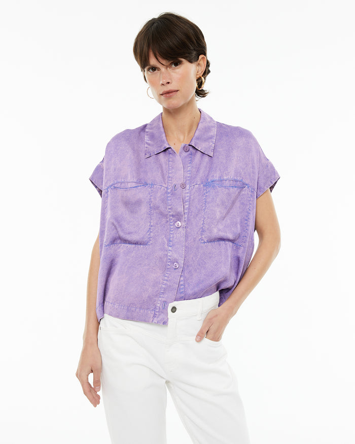 system action Camisa fluida cuello mao con bolsillos plastrón delanteros