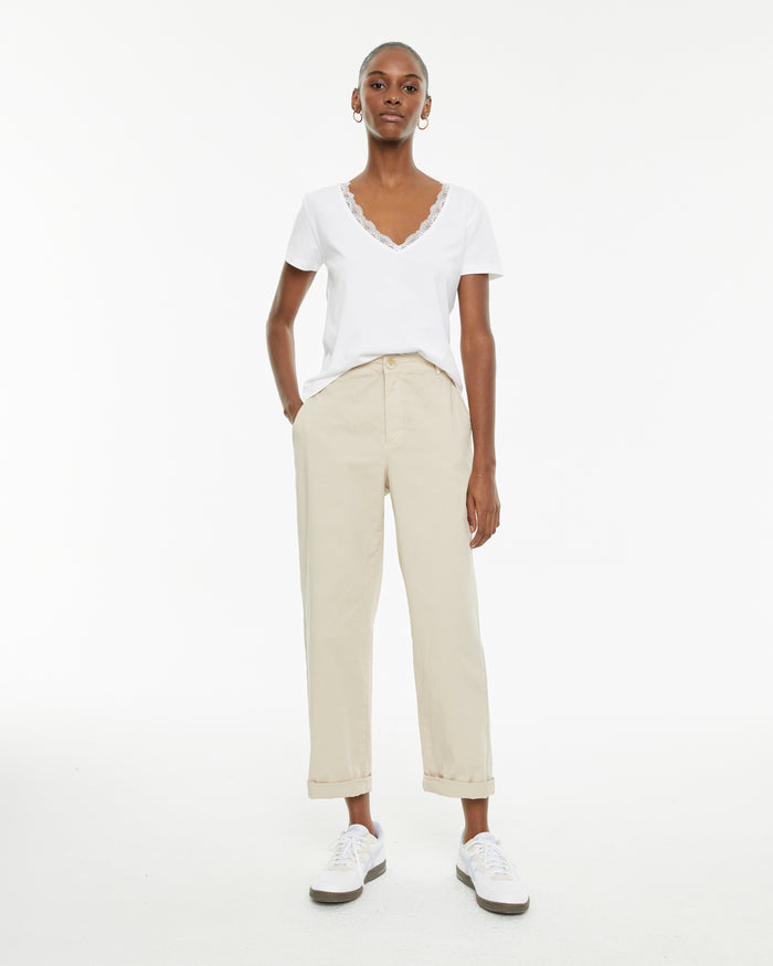 System Action Camiseta Ajustada Manga Corta Con Detalle Encaje En Escote Pico