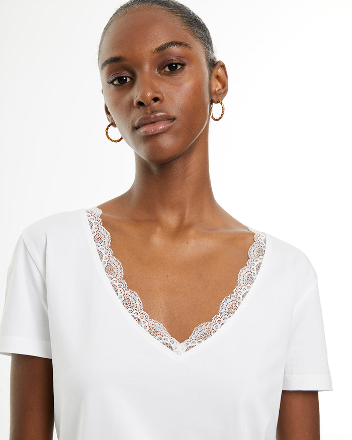 System Action Camiseta Ajustada Manga Corta Con Detalle Encaje En Escote Pico