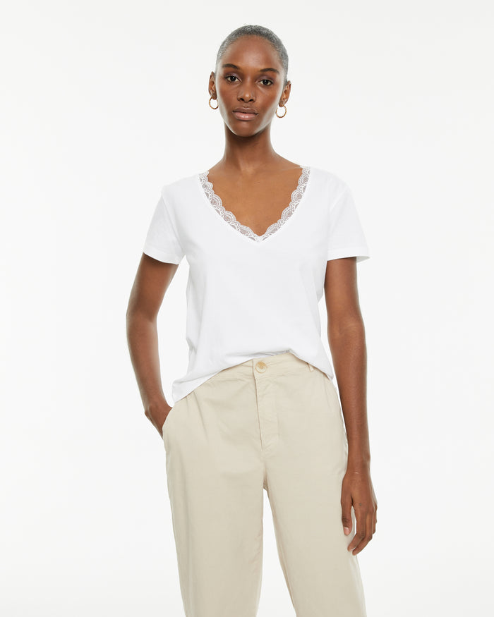 system action Camiseta ajustada manga corta con detalle encaje en escote pico