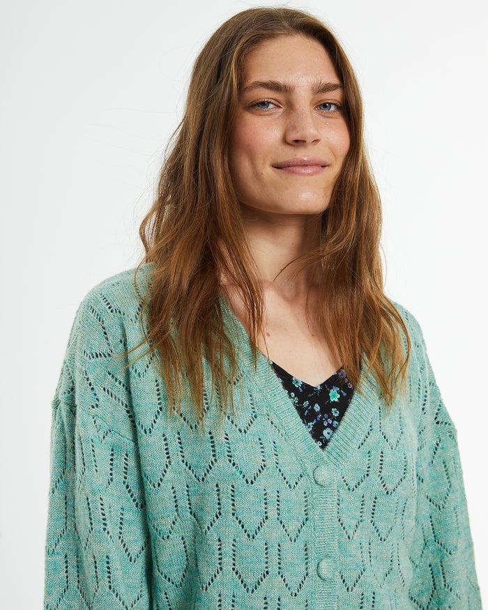 System Action Cárdigan Calado Cuello Pico Con Brillo