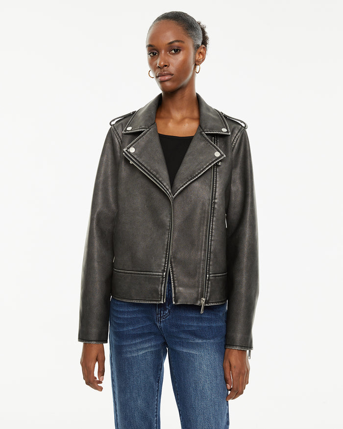 system action Cazadora biker piel efecto desgastado