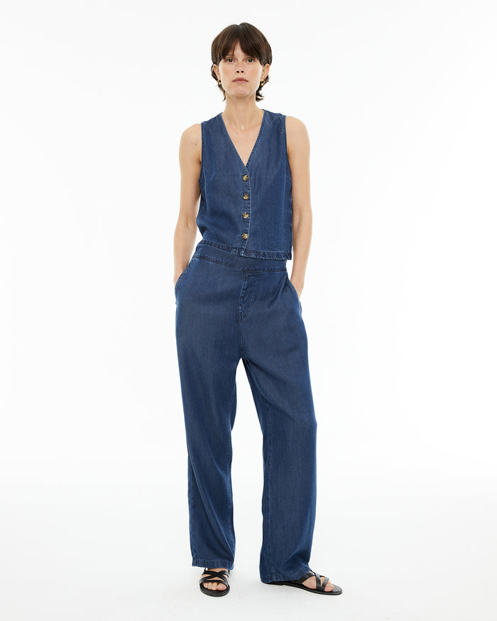 System Action Chaleco De Mujer Fluido Efecto Denim Con Escote Pico