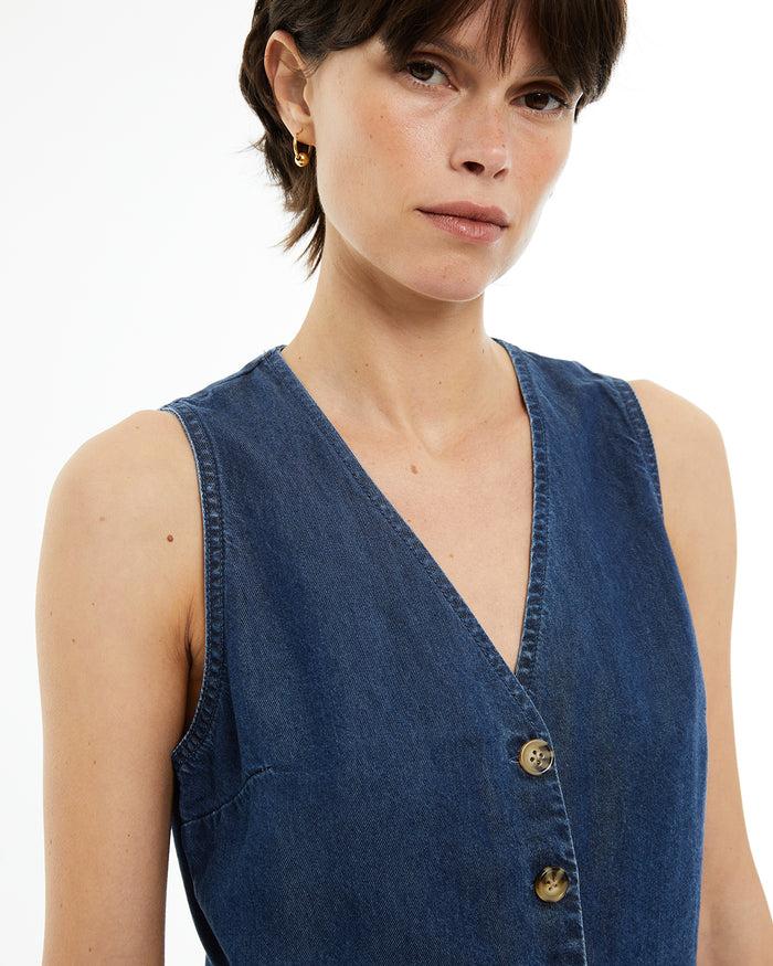 System Action Chaleco De Mujer Fluido Efecto Denim Con Escote Pico