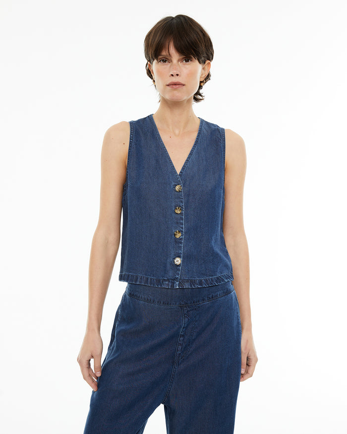 system action Chaleco de mujer fluido efecto denim con escote pico