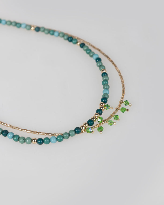 System Action Collar Doble Abalorios Verdes Y Color Oro