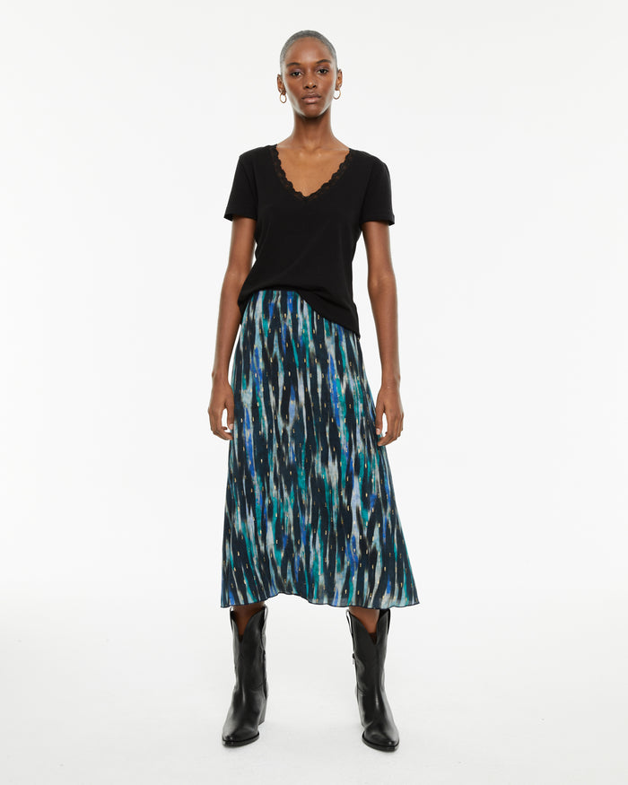 system action Falda midi estampada con detalles de lurex