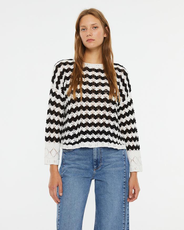 system action Jersey calado de rayas cuello redondo