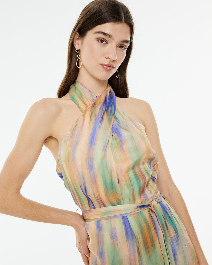 System Action Mono Largo Estampado Aguas Con Escote Halter Y Cinturón