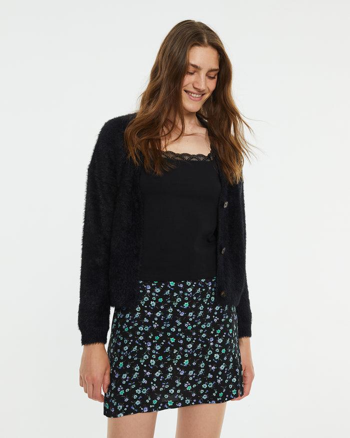 system action Cárdigan efecto peludo cuello pico