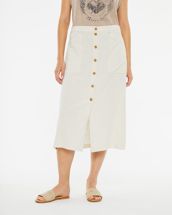 System Action Falda Midi Con Botones Efecto Lino