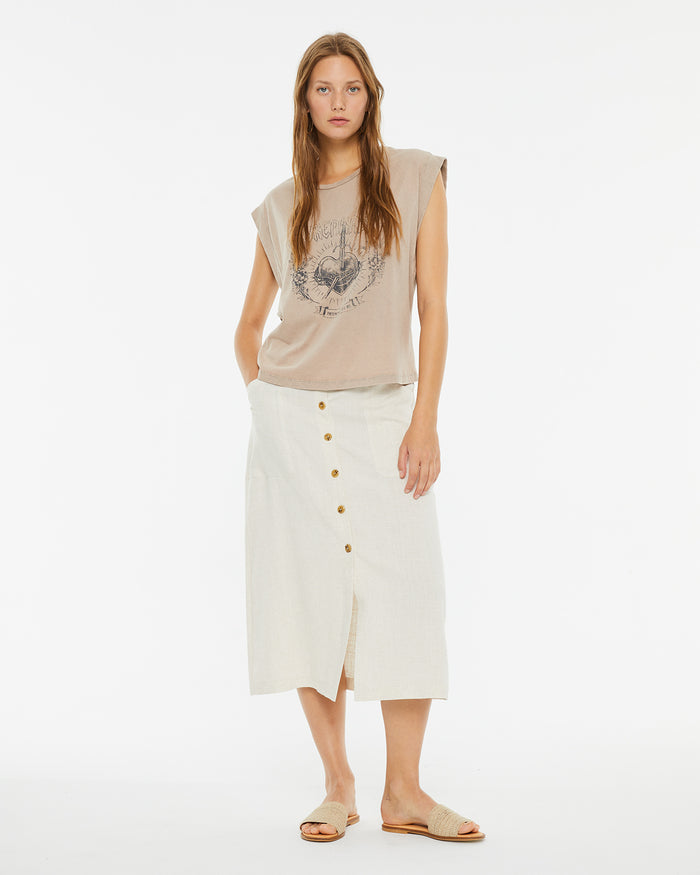 system action Falda midi con botones efecto lino