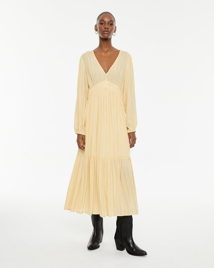 system action Vestido largo detalles de lúrex