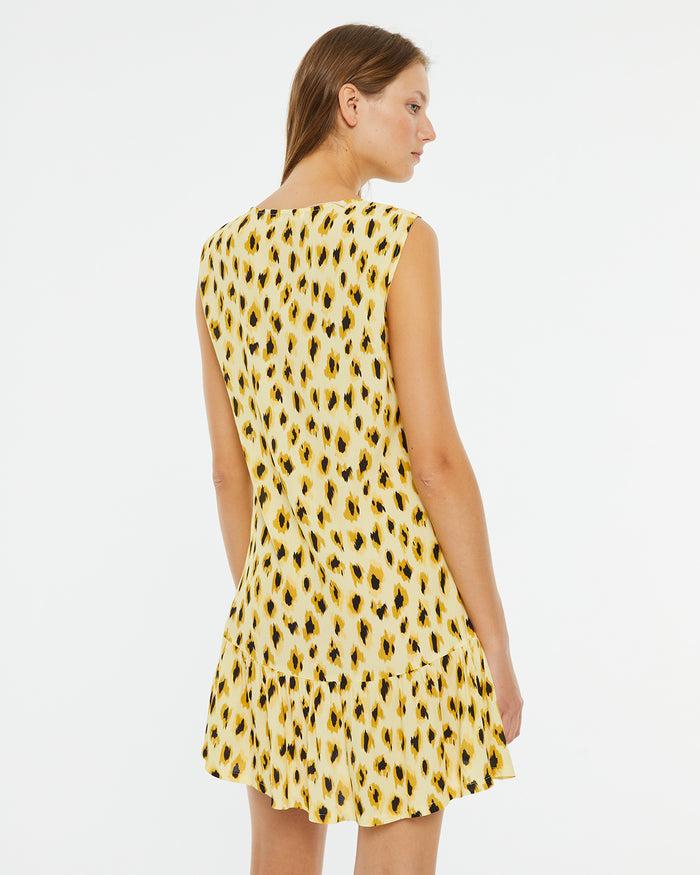 System Action Vestido Corto Animal Print Escote Pico Con Frunce Central