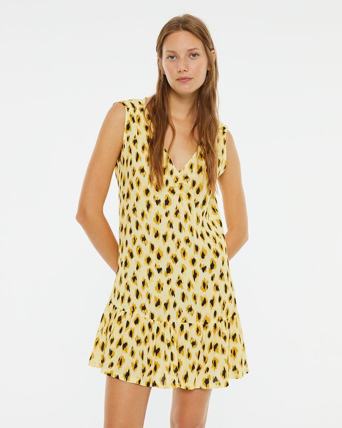 System Action Vestido Corto Animal Print Escote Pico Con Frunce Central