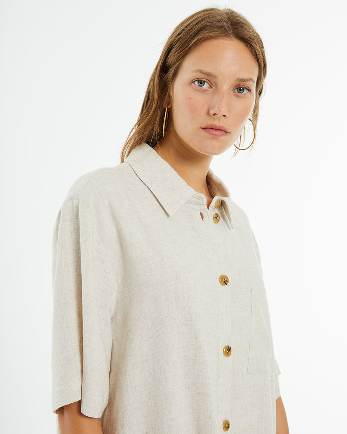 System Action Vestido Corto Camisero Manga Larga Efecto Lino