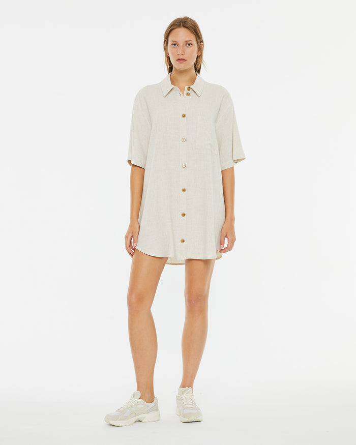 system action Vestido corto camisero manga larga efecto lino